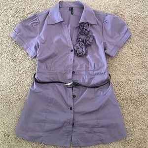 Purple button up shirt with flowers and belt
