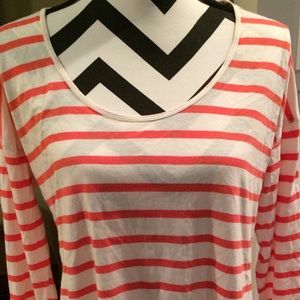Chico's coral and white striped long sleeve shirt.