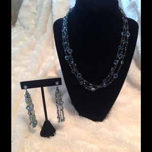 Blue Stones Triple Strand Necklace w/ Earrings