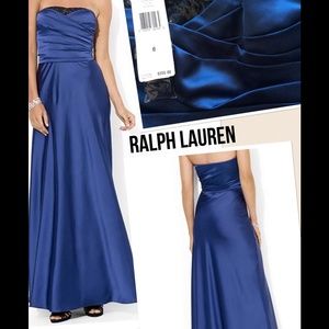 Formal dress strapless silky blue long A line