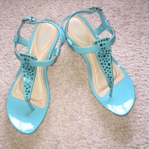 Low-Wedge T-Strap Sandals (Teal) w/Jewels