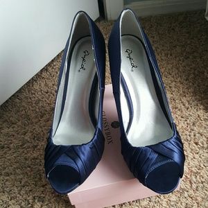 Navy Blue Satin Open Toe Heels