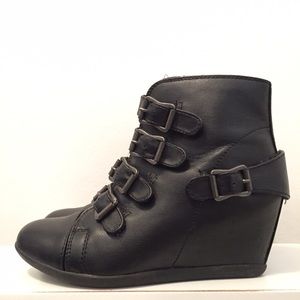 Bamboo Black Faux Leather Sneaker Wedges Buckles