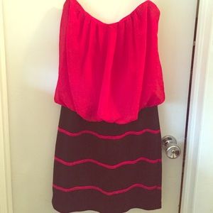 Red and black strapless dress