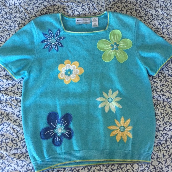 Embellished pool blue rami cotton sweater