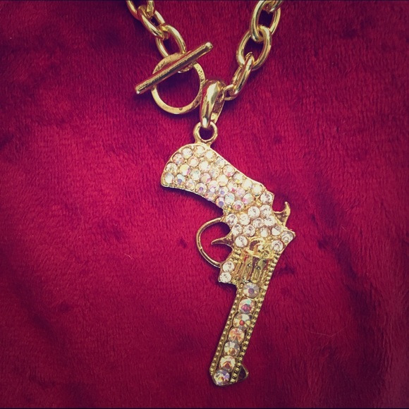 'Gold' Gun Necklace w Iridescent Bling by Forplay - Picture 1 of 3