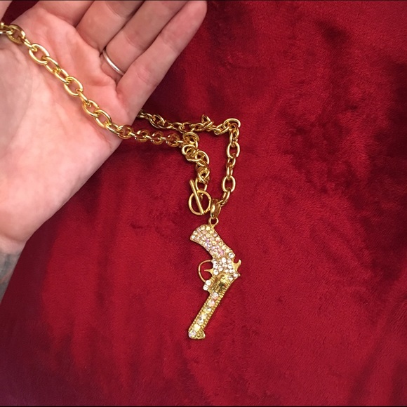 'Gold' Gun Necklace w Iridescent Bling by Forplay - Picture 2 of 3