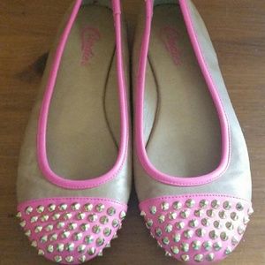 Hot pink, tan, gold flats