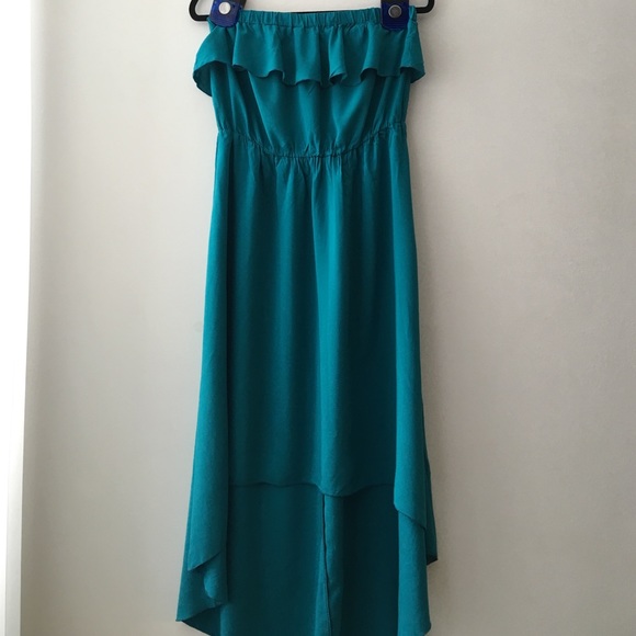 Teal High low strapless ruffle dress