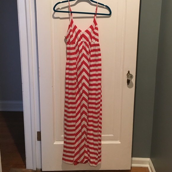 Orange chevron striped cotton maxi dress.
