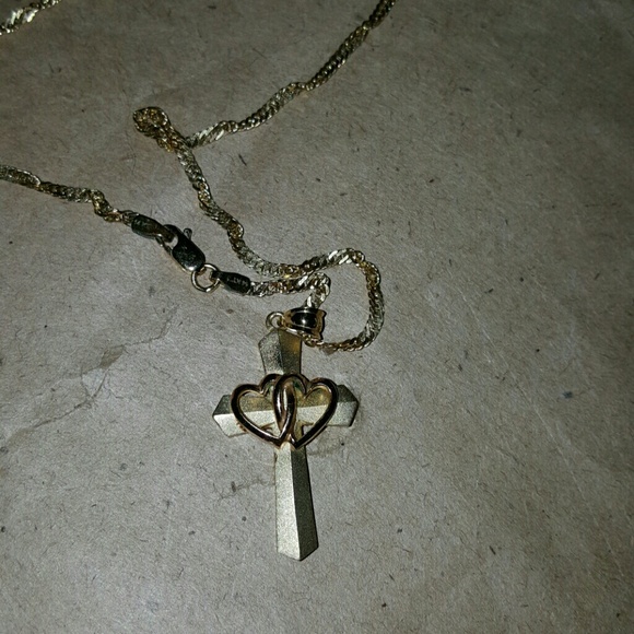 Gifted!! 14k Necklace and Cross with 2 Hearts - Picture 2 of 3