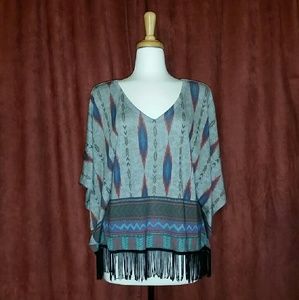 Winged Aztec Print Fringe Shirt