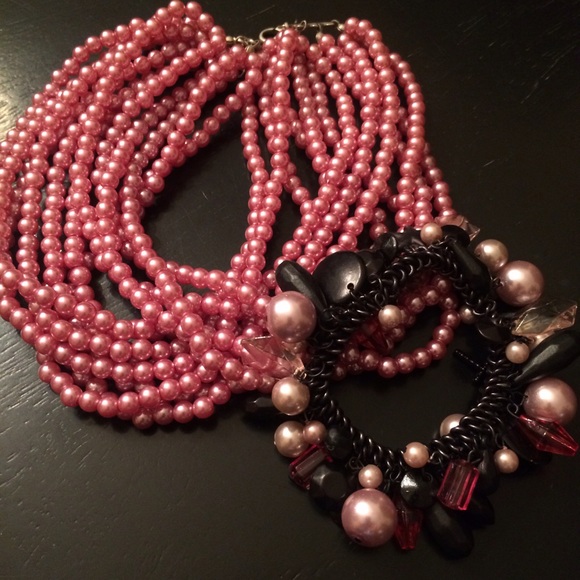 Fashion Pink Pearl Necklace and Bracelet