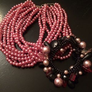 Fashion Pink Pearl Necklace and Bracelet