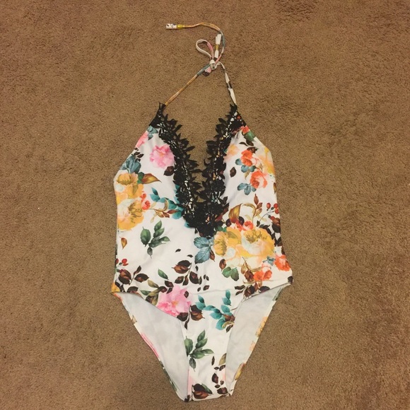 Floral and Lace One Piece Swim Suit