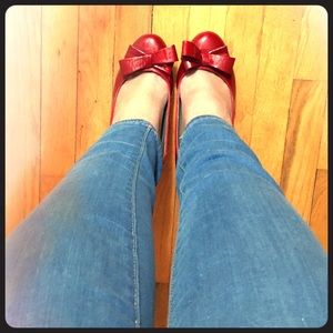Me too red patent bow wedges