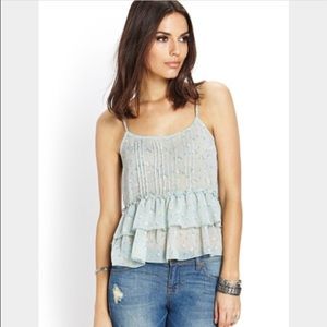 Floral print sheer top with tiered ruffle detail