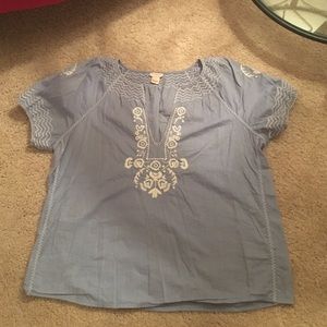 Jcrew blue embroidered v-neck peasant top
