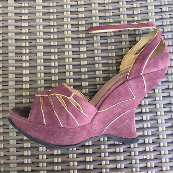 Prada Rose Gold Piping Strap Wedge Sandals