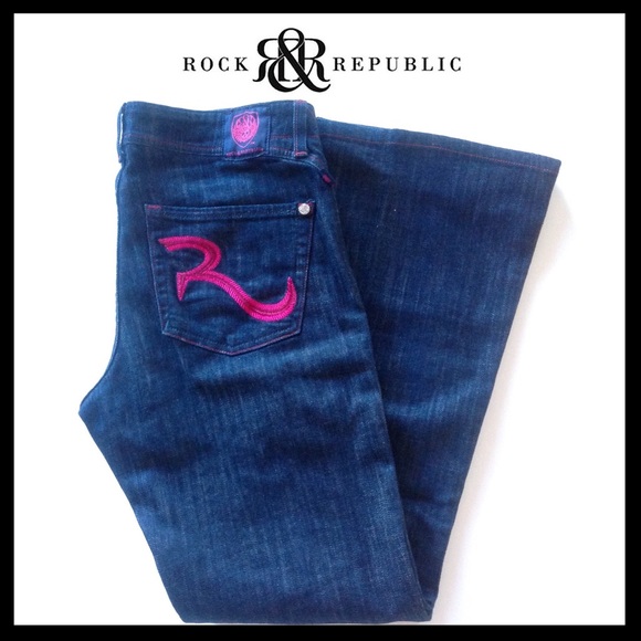 Authentic ROCK & REPUBLIC Flare Jeans w/ Hot Pink Stitching