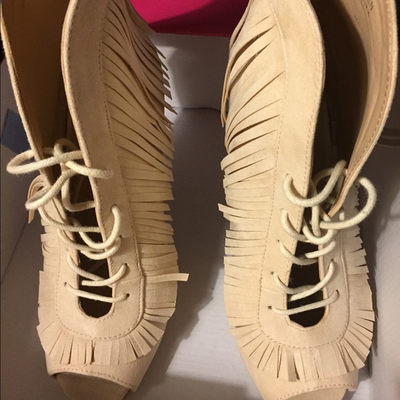 Cream fringe heels booties