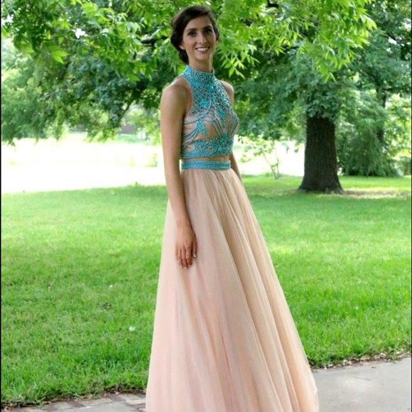 Sherri Hill 11225 Turquoise and Nude Formal Dress