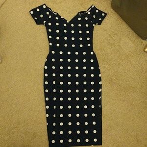 Blue and white polka dot pencil dress open back