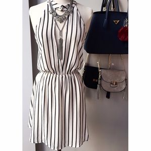 Button Neck Deep Cut Striped Dress