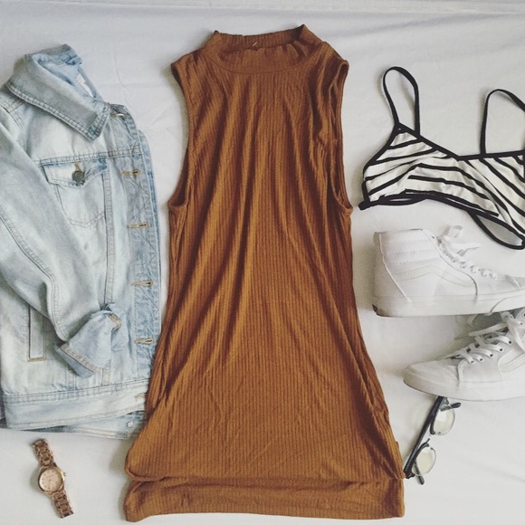 Mock Neck Brown Ribbed Tank Dress