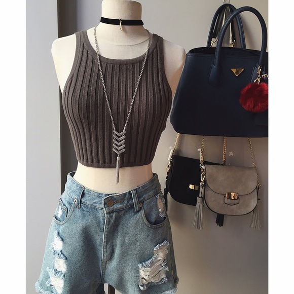Grey Ribbed Crop Top Tank