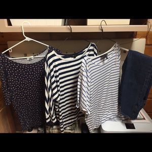 Three shirts and a matching pair of skinny jeans
