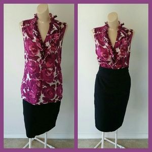 Purple and Pink Sleeveless Flower Rose Blouse Sz M