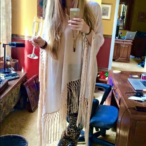 Cream Tan Nude Fringe Kimono Tassel Tunic