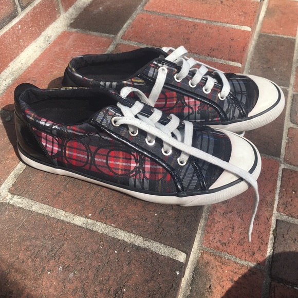 red and black plaid sneakers