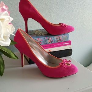 Hot Pink with Orange Trim Peep Toe Heels