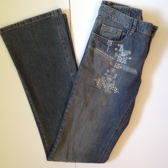Distressed David Meister Bootcut Embellished Jeans