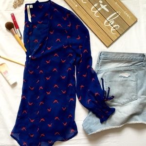 Bellatrix royal blue sheer blouse with red birds
