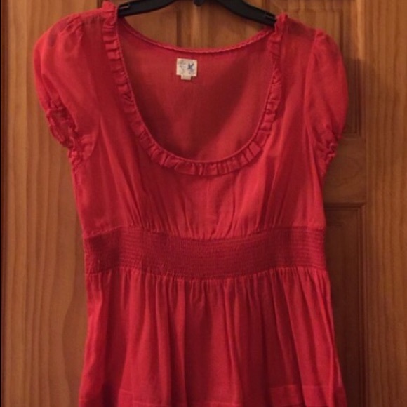 Red Sheer Anthropologie Ruffle Hem Blouse