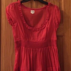 Red Sheer Anthropologie Ruffle Hem Blouse