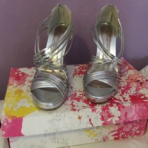 Metallic silver open toe pumps size 8.5