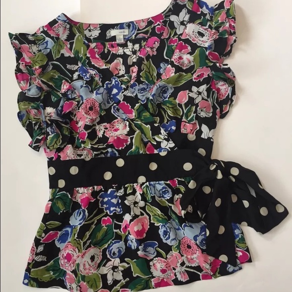Anthropologie Tops - Odille floral polka dot silk wrap blouse size 2