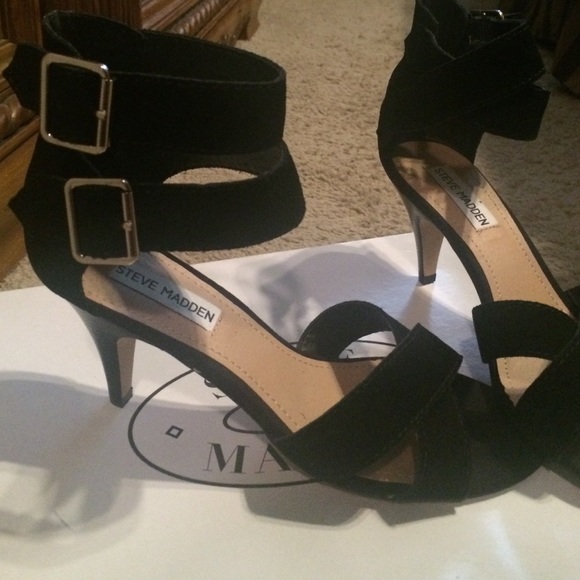 Steve Madden black suede strap heels.