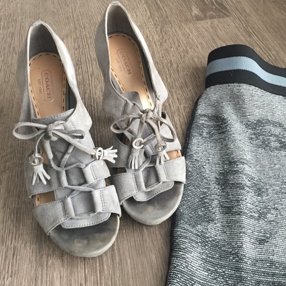 Dove gray platform leather and suede heels COACH