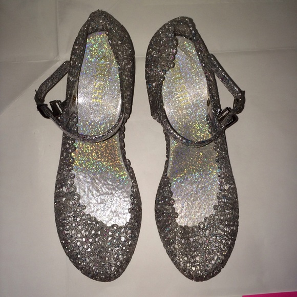 Sparkly silver jelly wedges