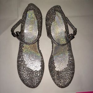 Sparkly silver jelly wedges