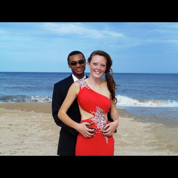 Coral prom dress with silver details