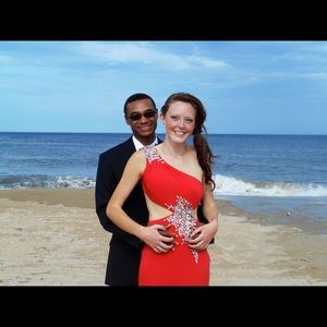 Coral prom dress with silver details