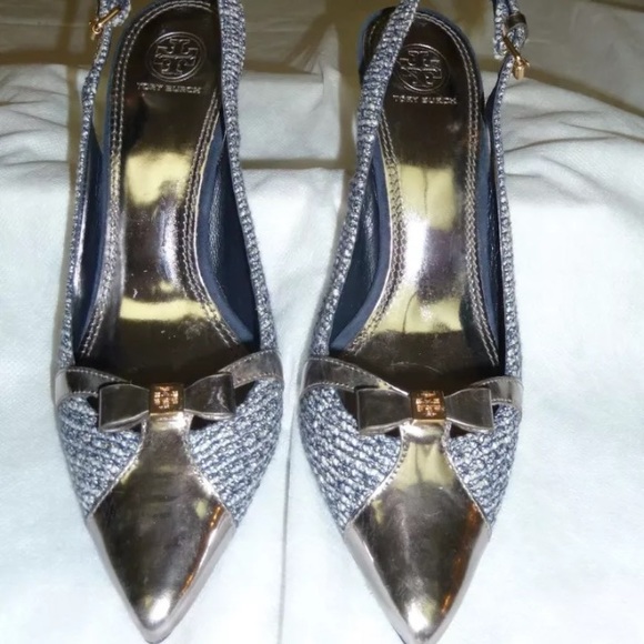 Tory Burch Shoes - Tory Burch Samara slingback pump silver/navy.