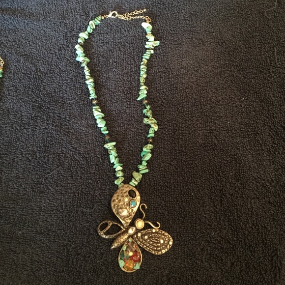 Turquoise necklace /multi stones large butterfly