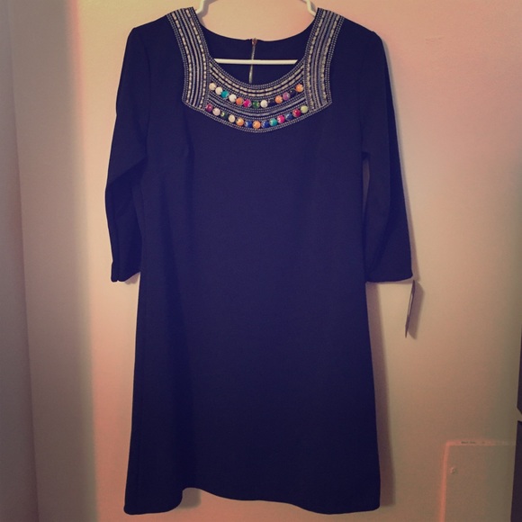 Navy blue dress with stone neckline - Picture 1 of 2